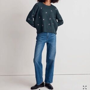 Madewell Embroidered Cross-Stitch Floral Pullover Sweater in HEATHER SPRUCE